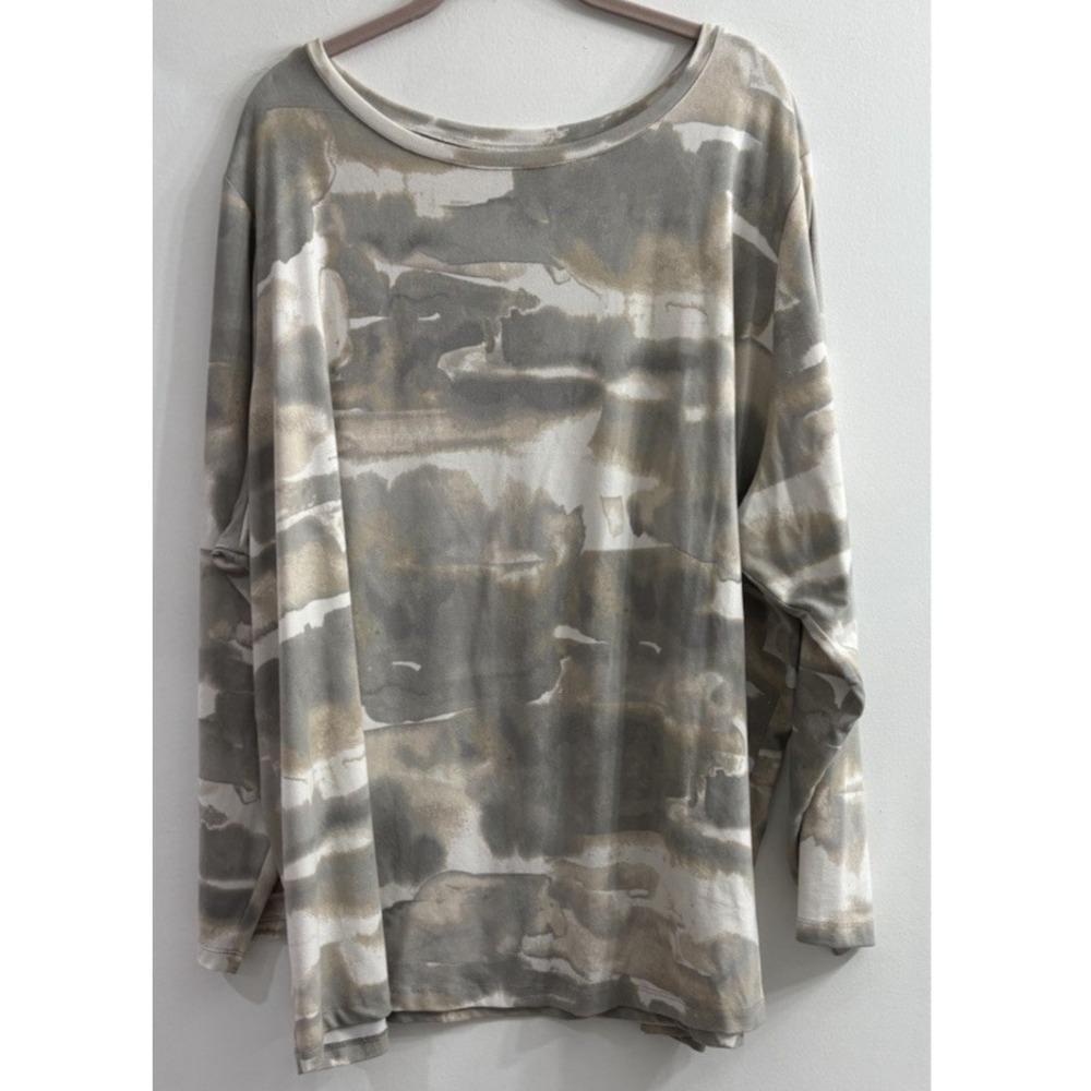 Susan Graver Womens 4X Gray Abstract Camo Tunic Top Stretch Knit Long Sleeve